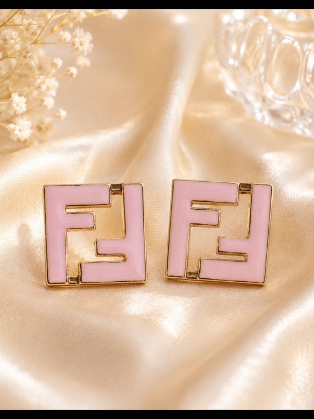 Gold-Tone Pink Enamel Square Stud Earrings